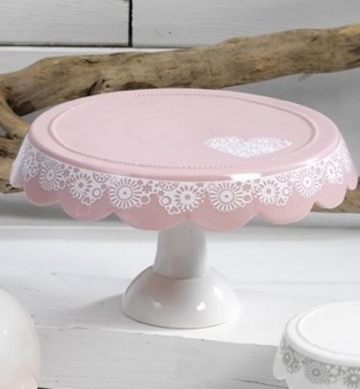 Alzata per dolci in ceramica in porcellana rosa merletti bianchi PB13521