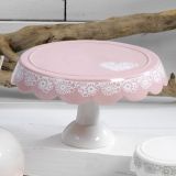 Alzata per dolci in ceramica in porcellana rosa merletti bianchi PB13521